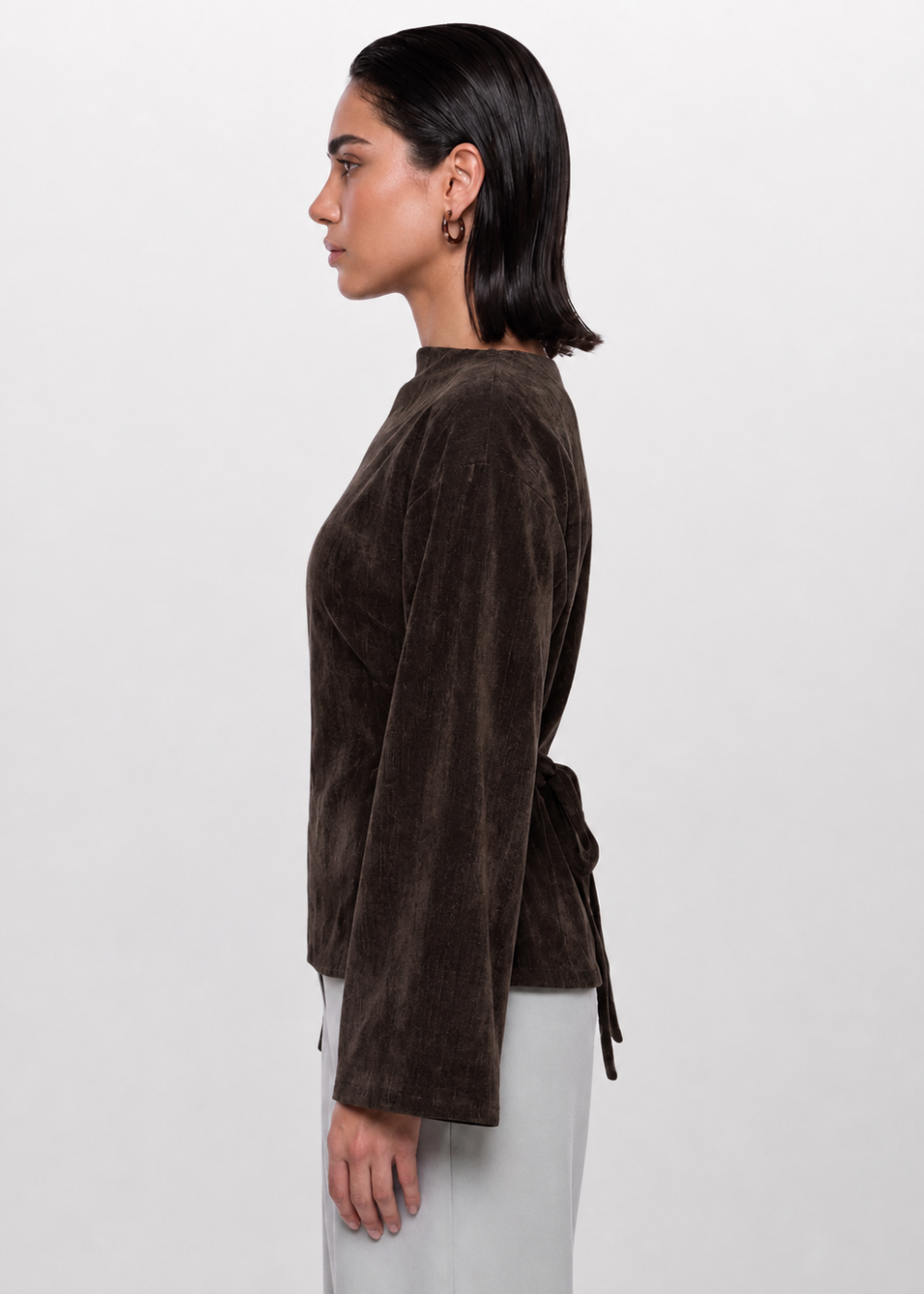 Soft Texture Wrap-Tie Blouse - Chocolate
