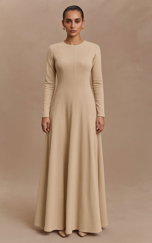 Flared Long Sleeve Maxi Dress - Beige