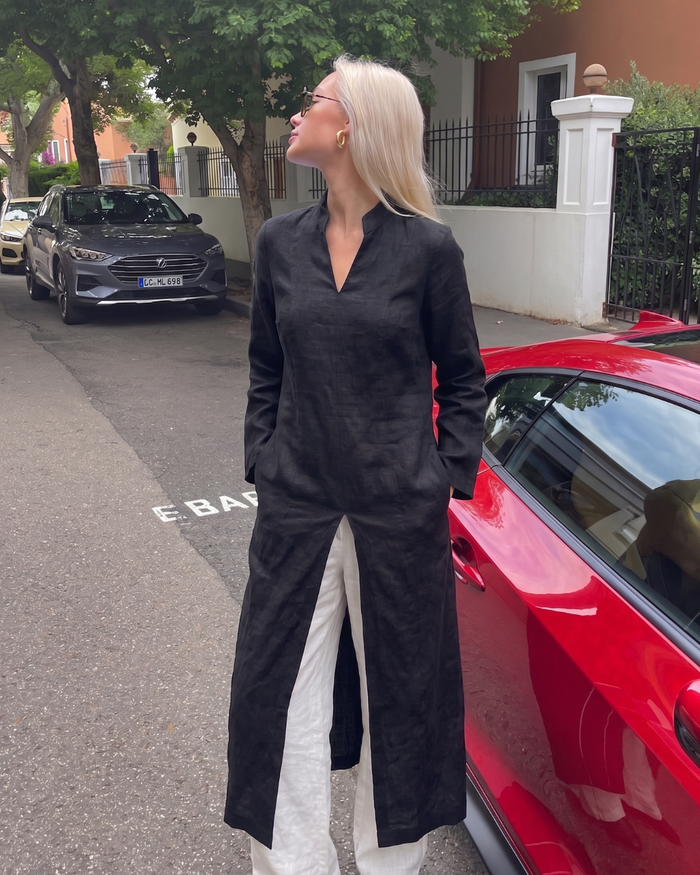 Linen Slit Dress - Beige worn — editorial