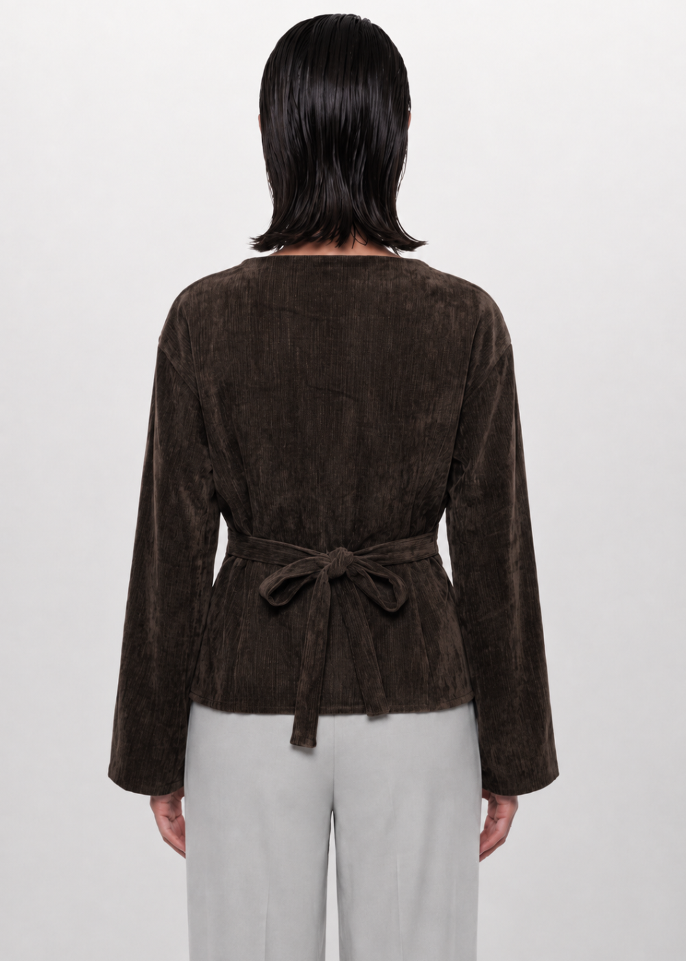 Soft Texture Wrap-Tie Blouse - Chocolate