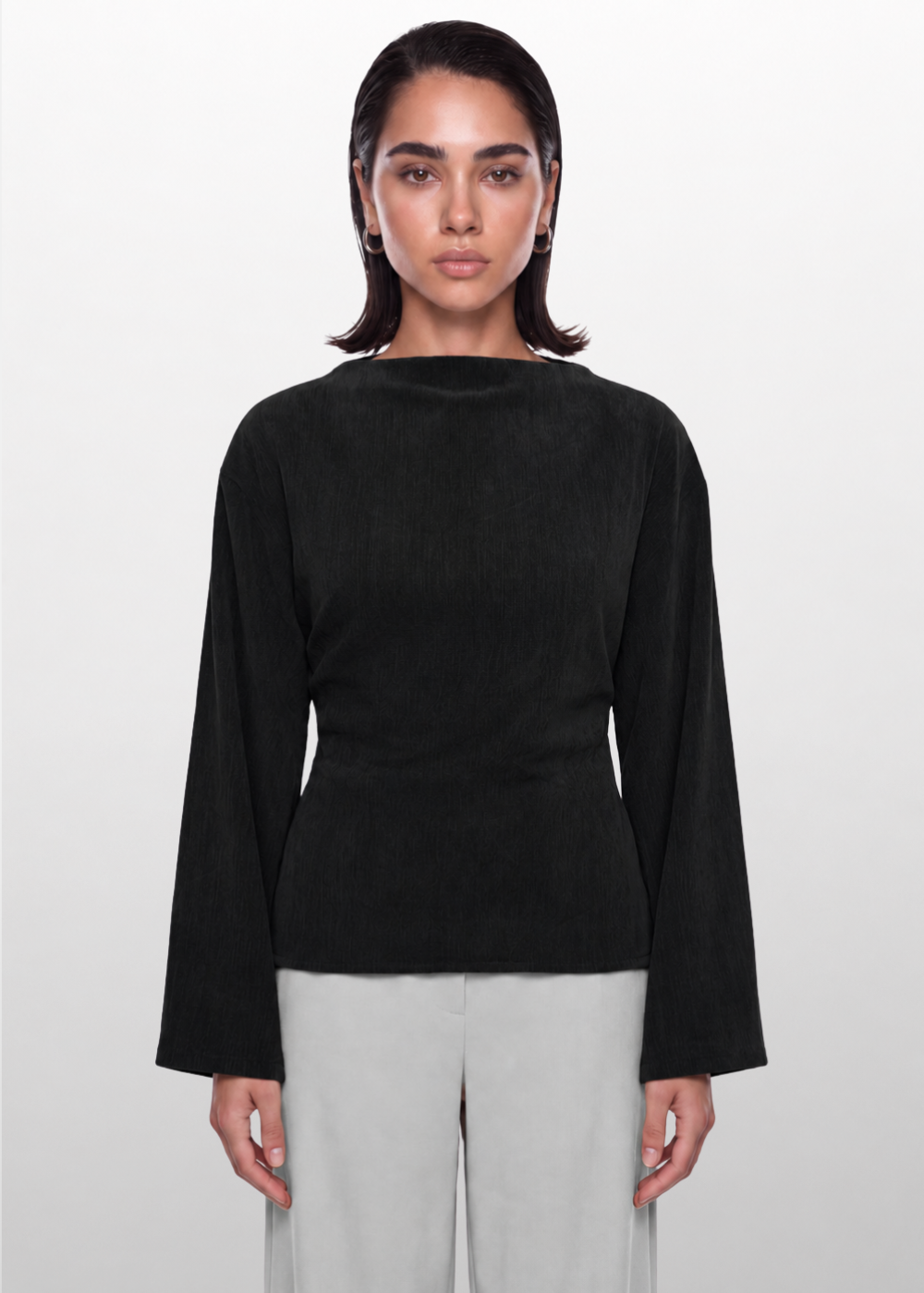 Soft Texture Wrap-Tie Blouse - Black