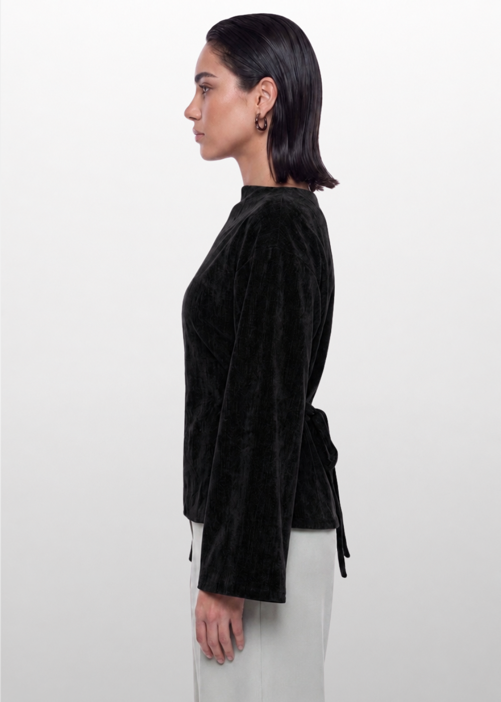 Soft Texture Wrap-Tie Blouse - Black