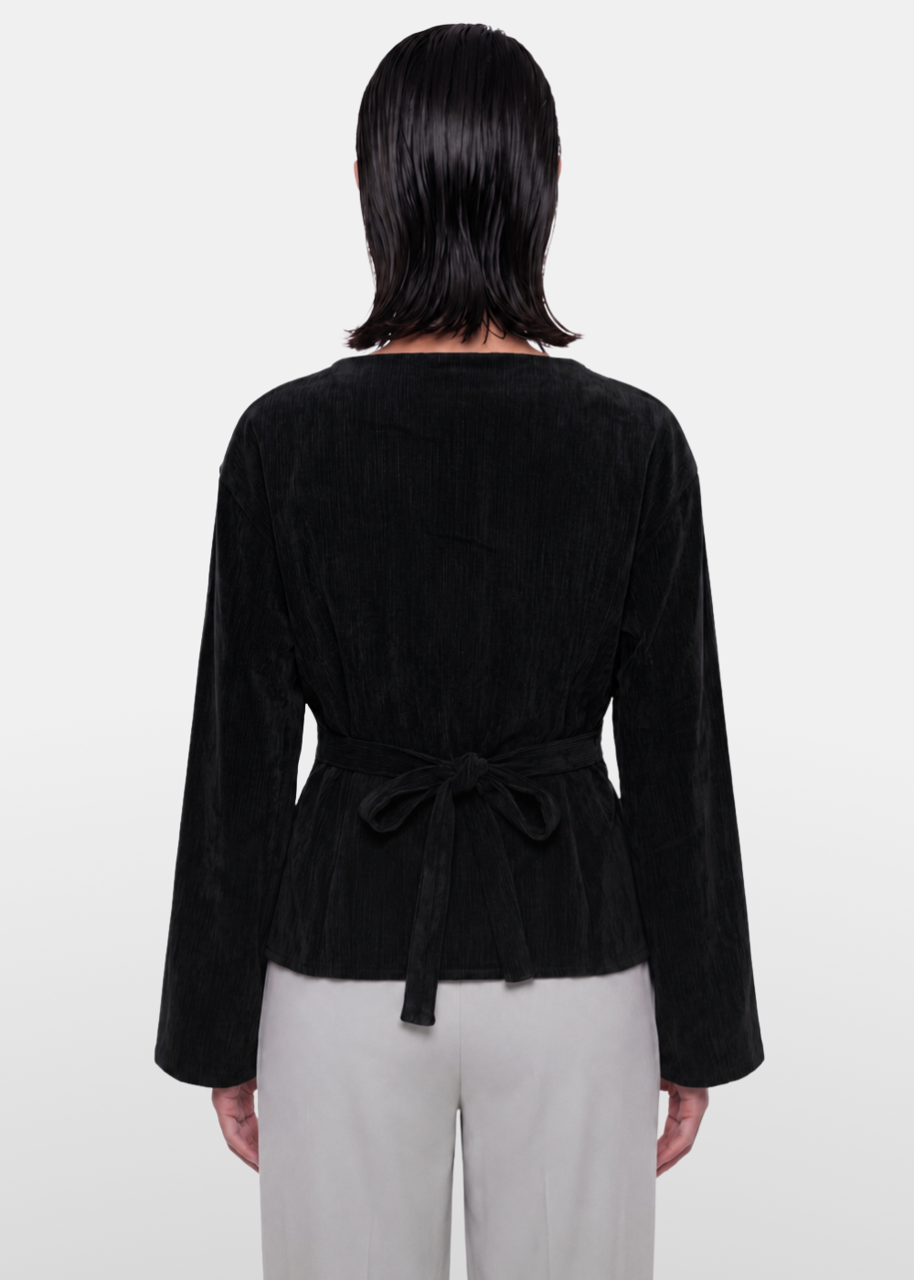 Soft Texture Wrap-Tie Blouse - Black