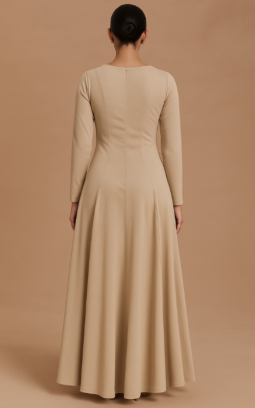 Flared Long Sleeve Maxi Dress - Beige
