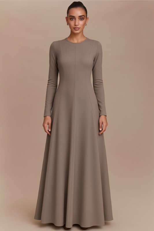 Flared Long Sleeve Maxi Dress - Taupe