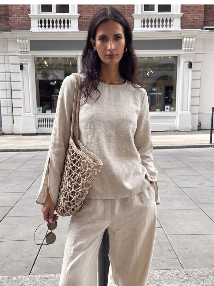 Slit Sleeve Blouse - Olive worn — editorial