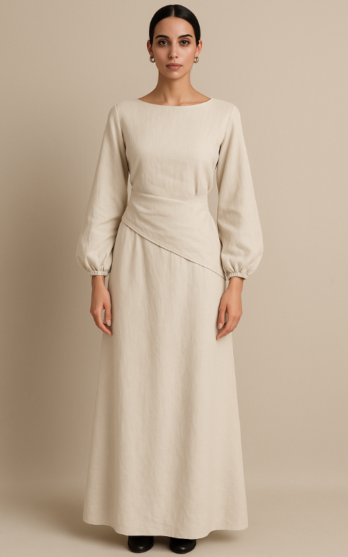Linen Blend A-Line Maxi Skirt - Beige