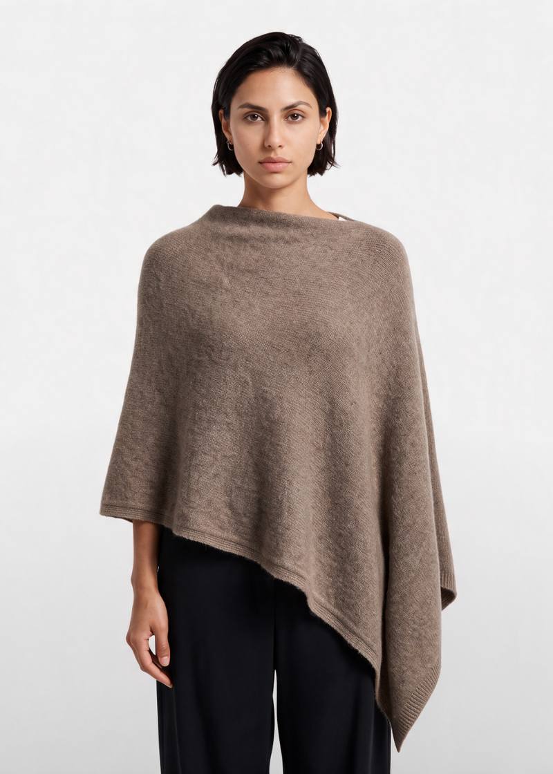 Asymmetrical Knitted Cape Poncho Taupe
