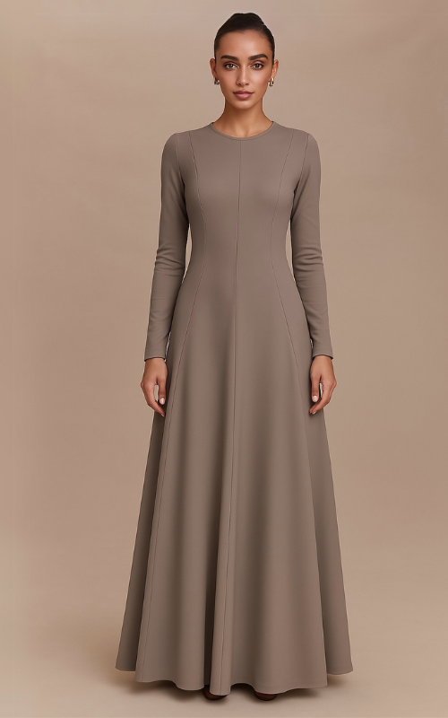 Flared Long Sleeve Maxi Dress - Taupe