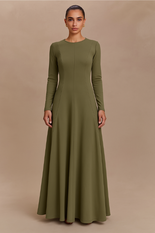 Flared Long Sleeve Maxi Dress - Khaki