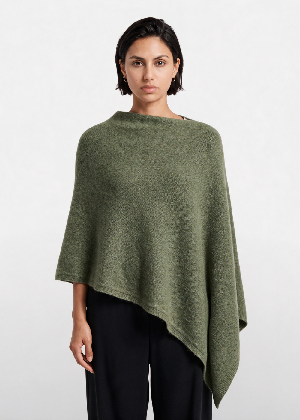 Asymmetrical Knitted Cape Poncho Khaki