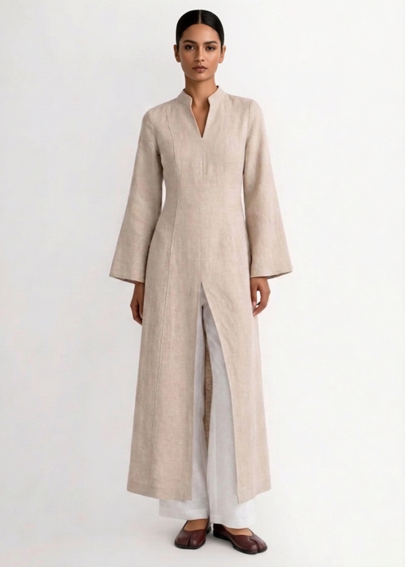 Linen Slit Dress - Beige