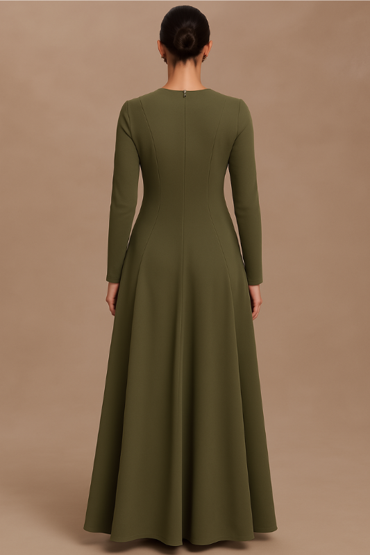 Flared Long Sleeve Maxi Dress - Khaki