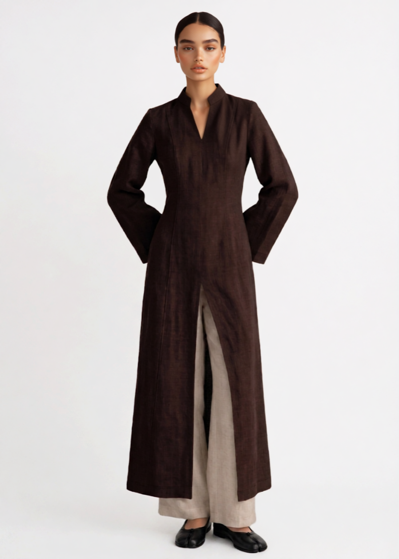 Linen Slit Dress - Chocolate