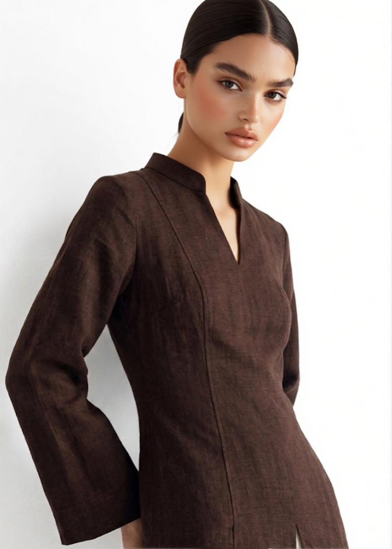 Robe fendue en lin - Chocolat