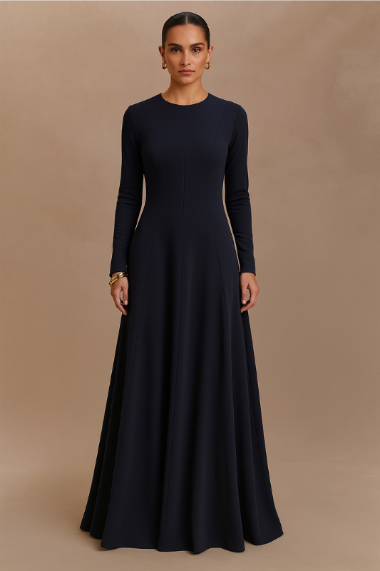 Flared Long Sleeve Maxi Dress - Navy