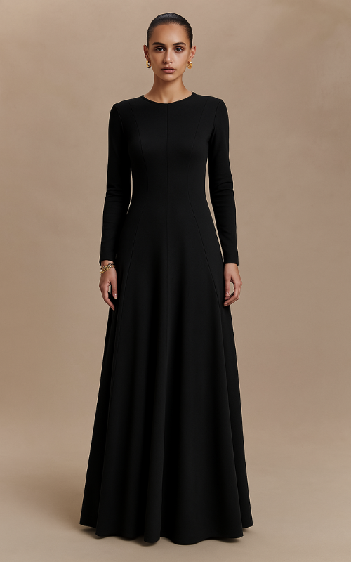Flared Long Sleeve Maxi Dress - Black