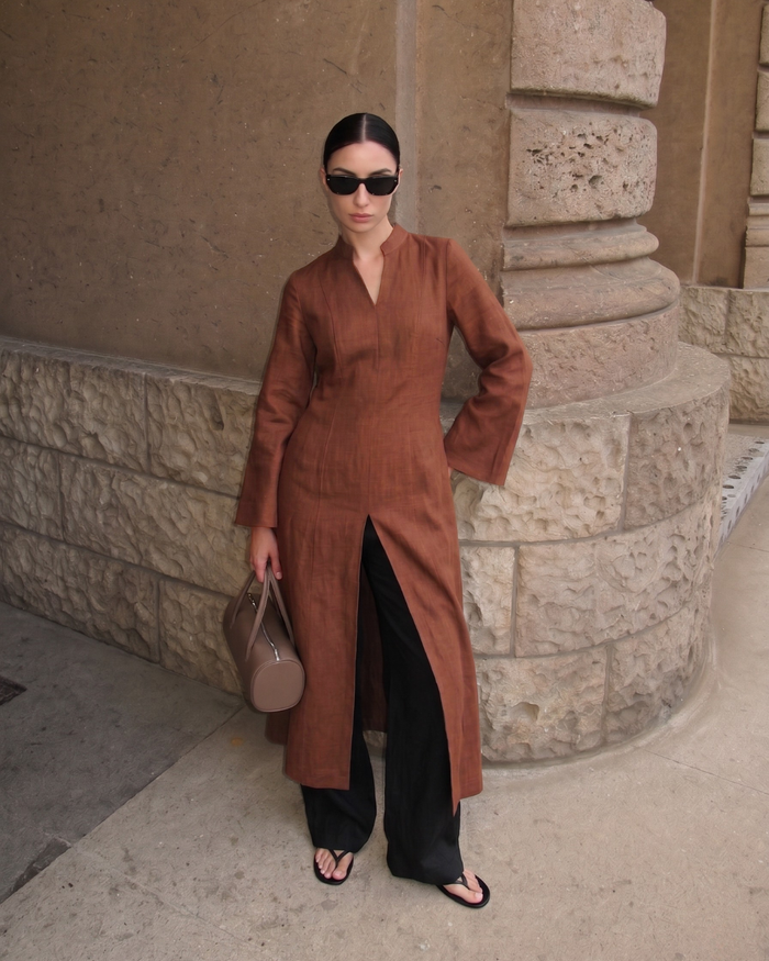 Linen Slit Dress- Burnt Orange worn — editorial
