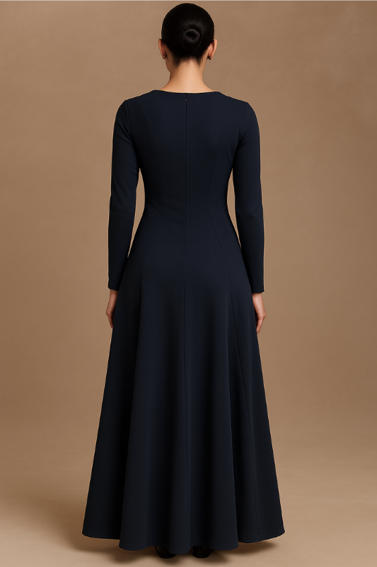 Flared Long Sleeve Maxi Dress - Navy