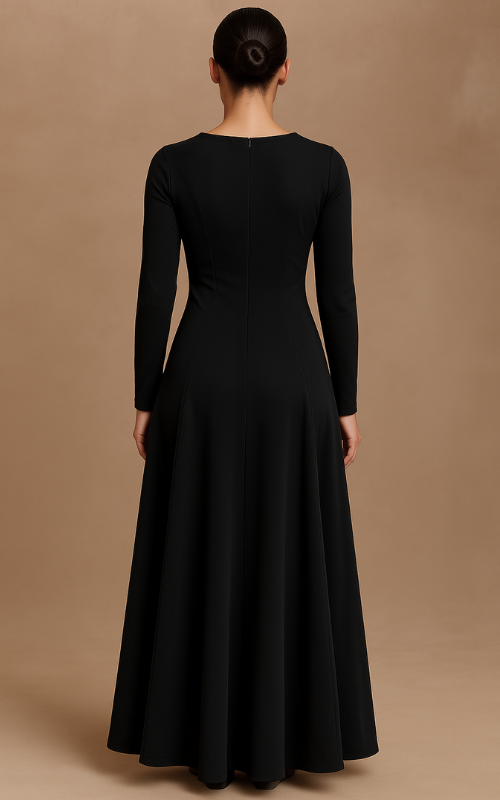 Flared Long Sleeve Maxi Dress - Black