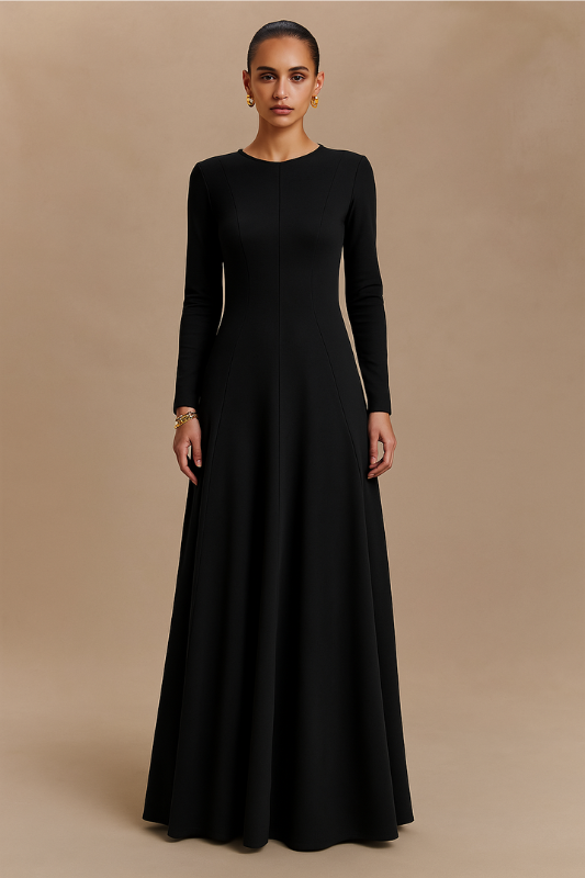 Flared Long Sleeve Maxi Dress - Black