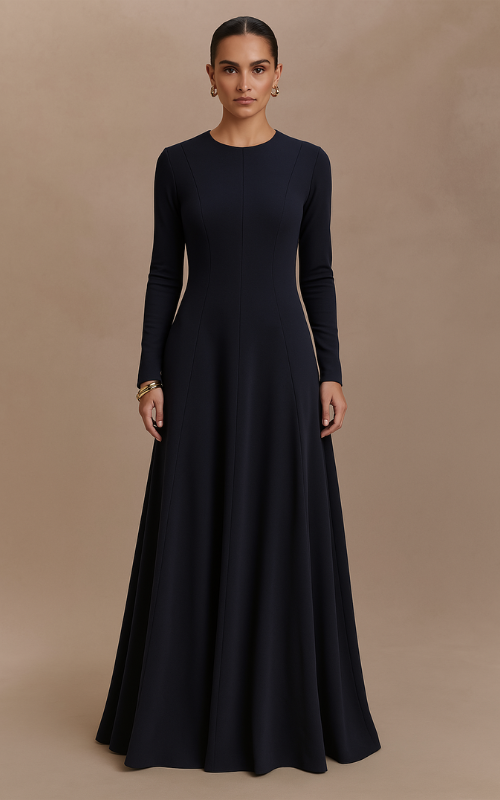 Flared Long Sleeve Maxi Dress - Navy