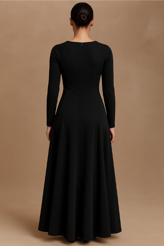 Flared Long Sleeve Maxi Dress - Black