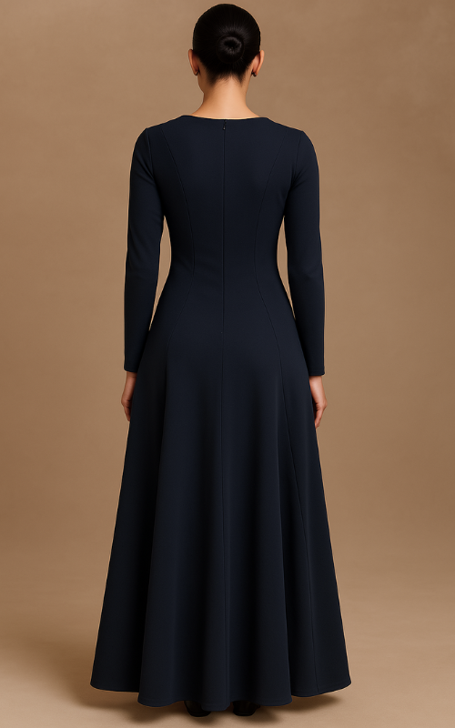 Flared Long Sleeve Maxi Dress - Navy