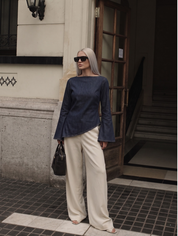 Denim Asymmetric Tie Bell-Sleeve Top worn — editorial