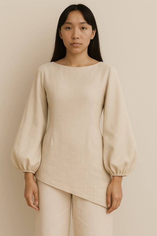 Linen Blend Balloon Sleeve Top - Beige