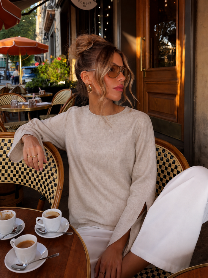 Slit Sleeve Blouse - Olive worn — editorial