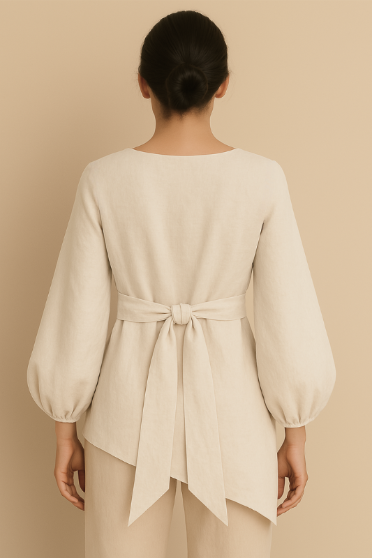 Linen Blend Balloon Sleeve Top - Beige