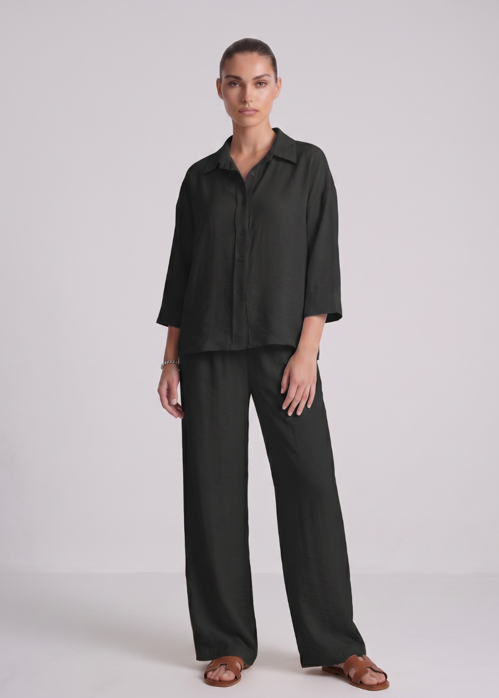 3 4Sleeve Linen Feel Set Black