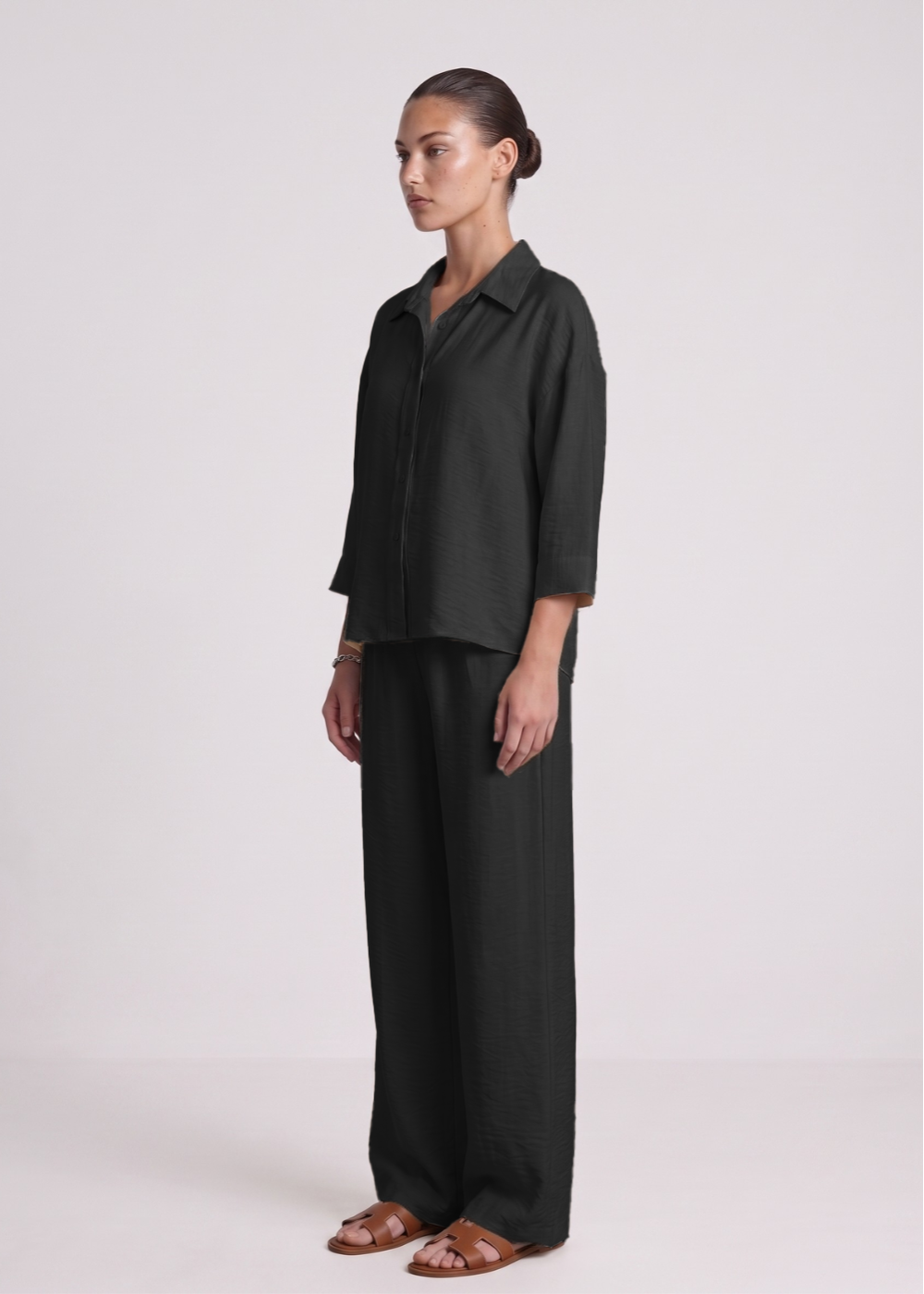 3 4Sleeve Linen Feel Set Black