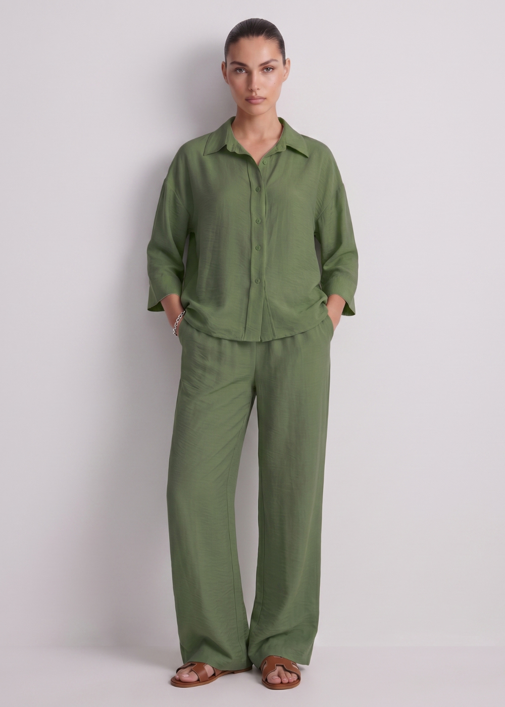 3 4Sleeve Linen Feel Set Khaki