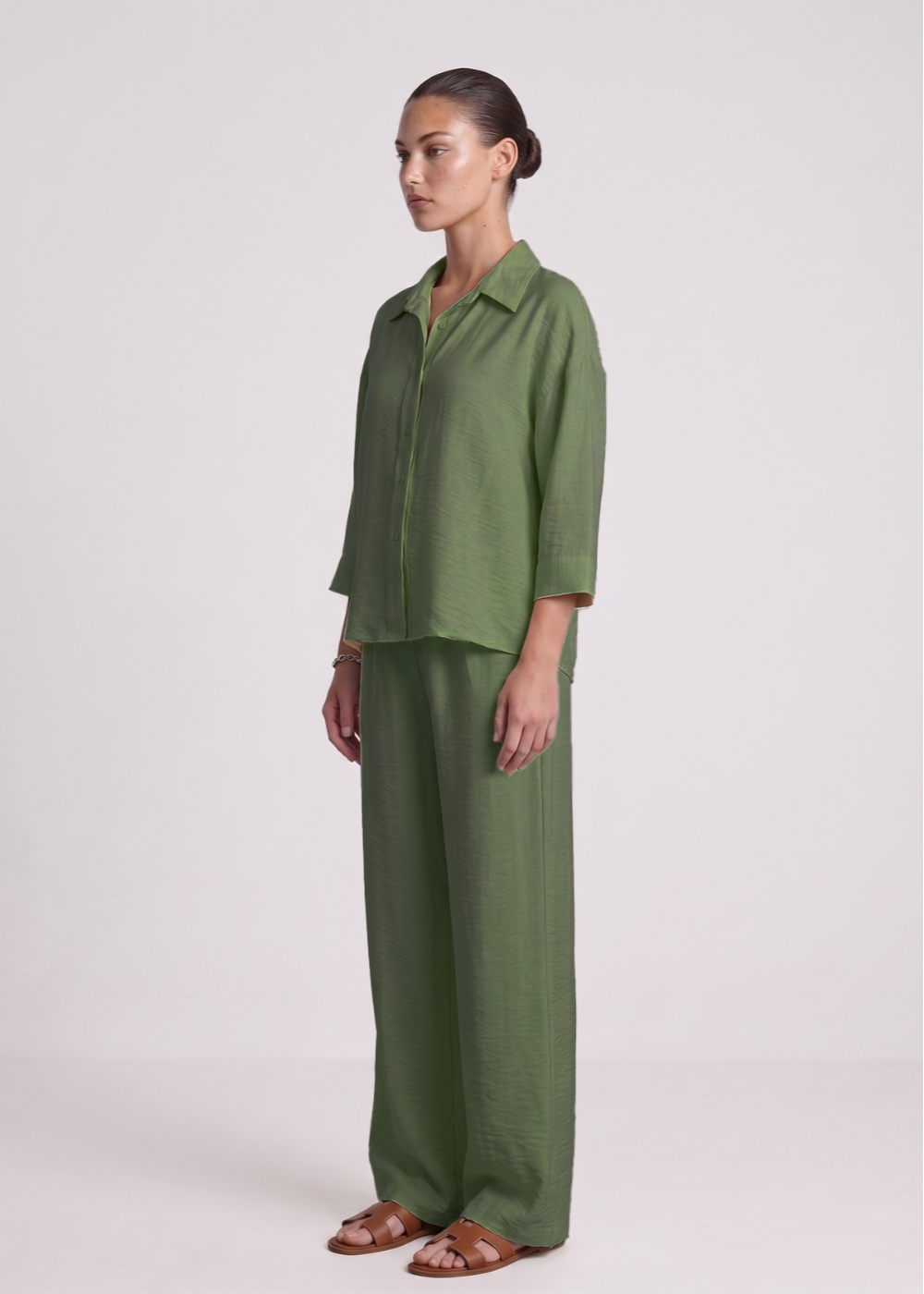 3 4Sleeve Linen Feel Set Khaki