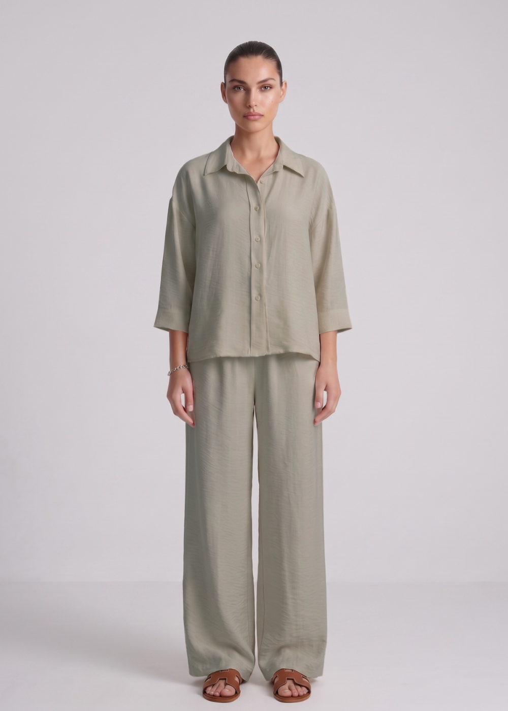 3 4Sleeve Linen Feel Set Taupe