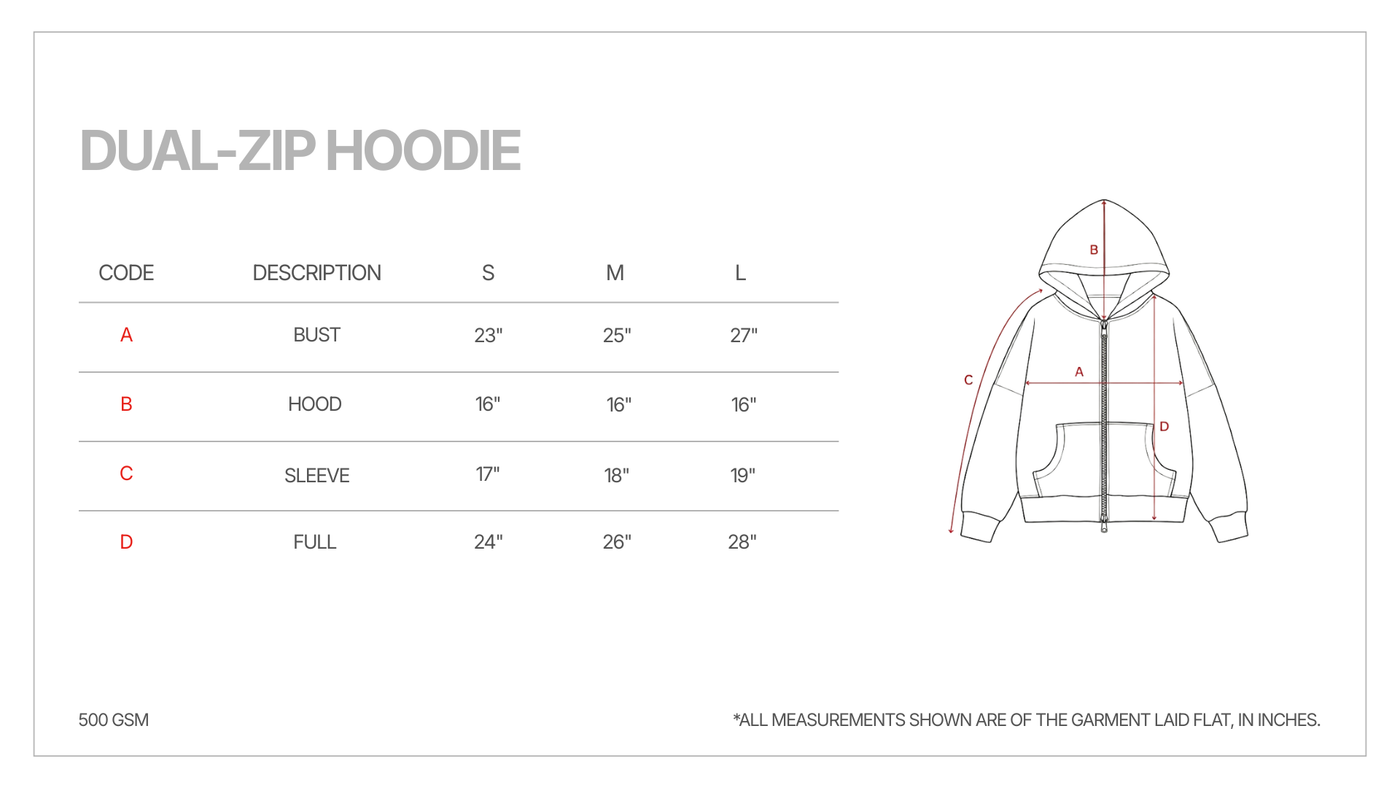 RELAXED DUAL-ZIP HOODIE size guide