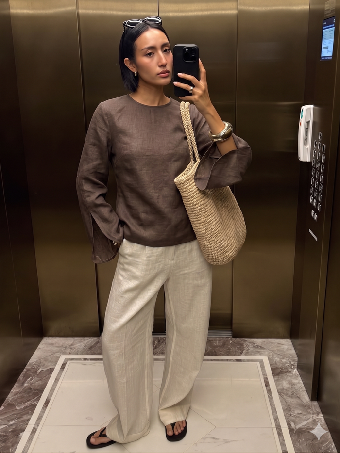 Slit Sleeve Blouse - Chocolate worn — editorial