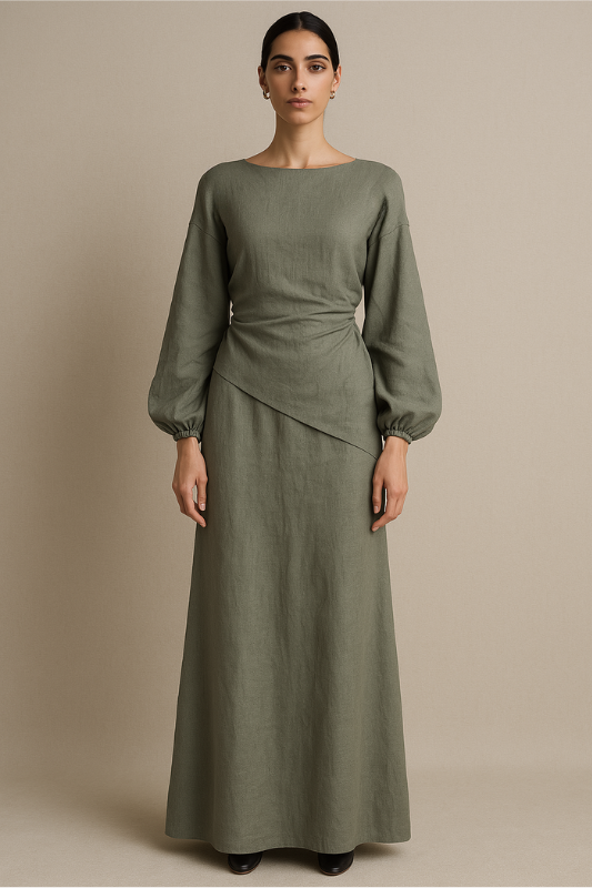 Linen Blend Balloon Sleeve Top - Khaki