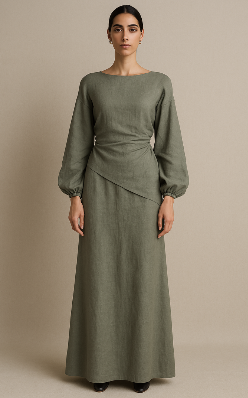 Linen Blend A-Line Maxi Skirt - Khaki