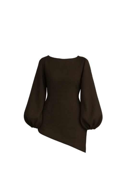 Linen Blend Balloon Sleeve Top - Chocolate