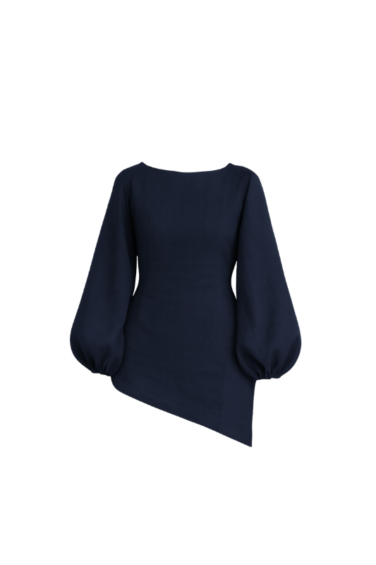 Linen Blend Balloon Sleeve Top - Navy