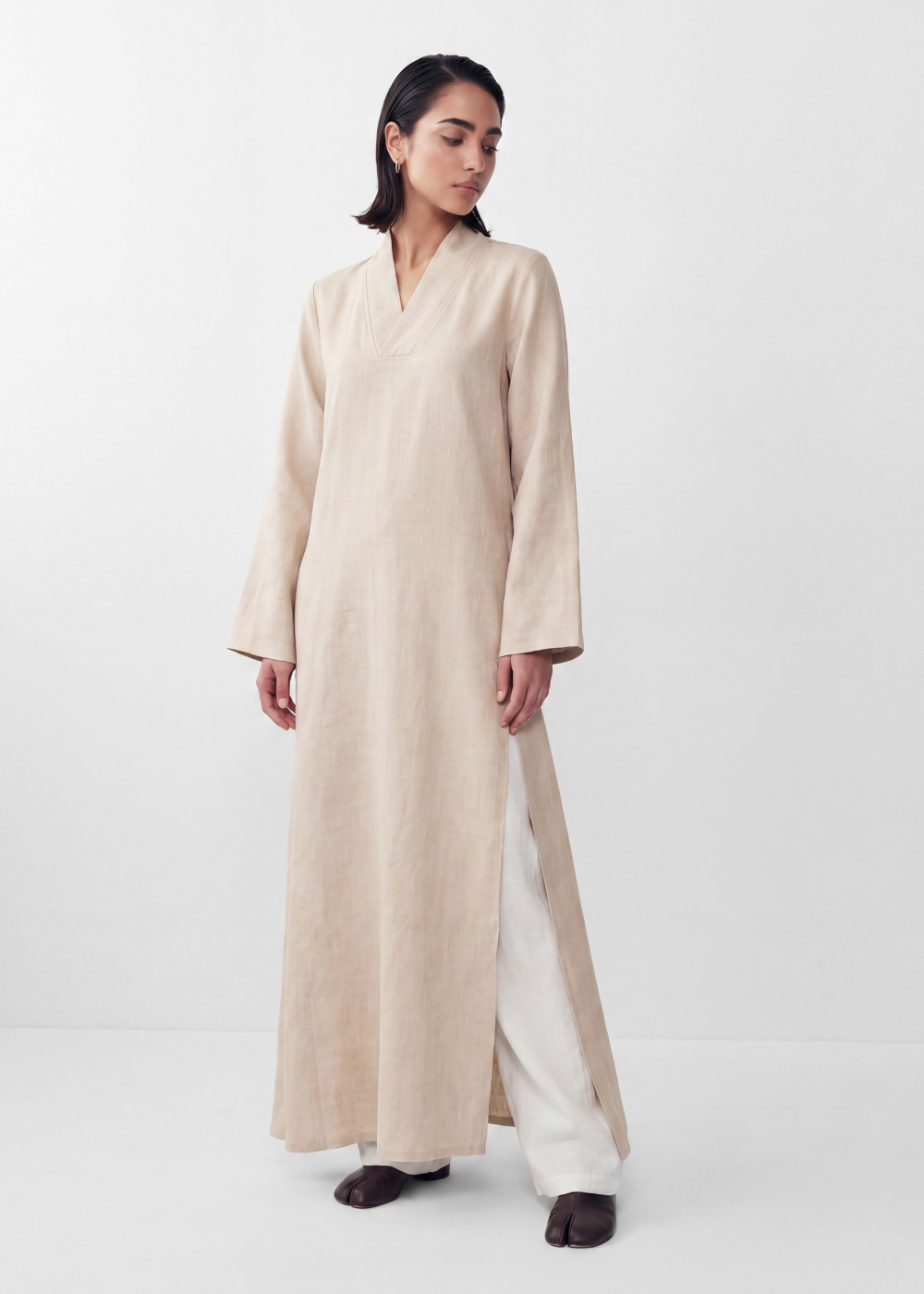 Side Slit Linen Dress - Beige