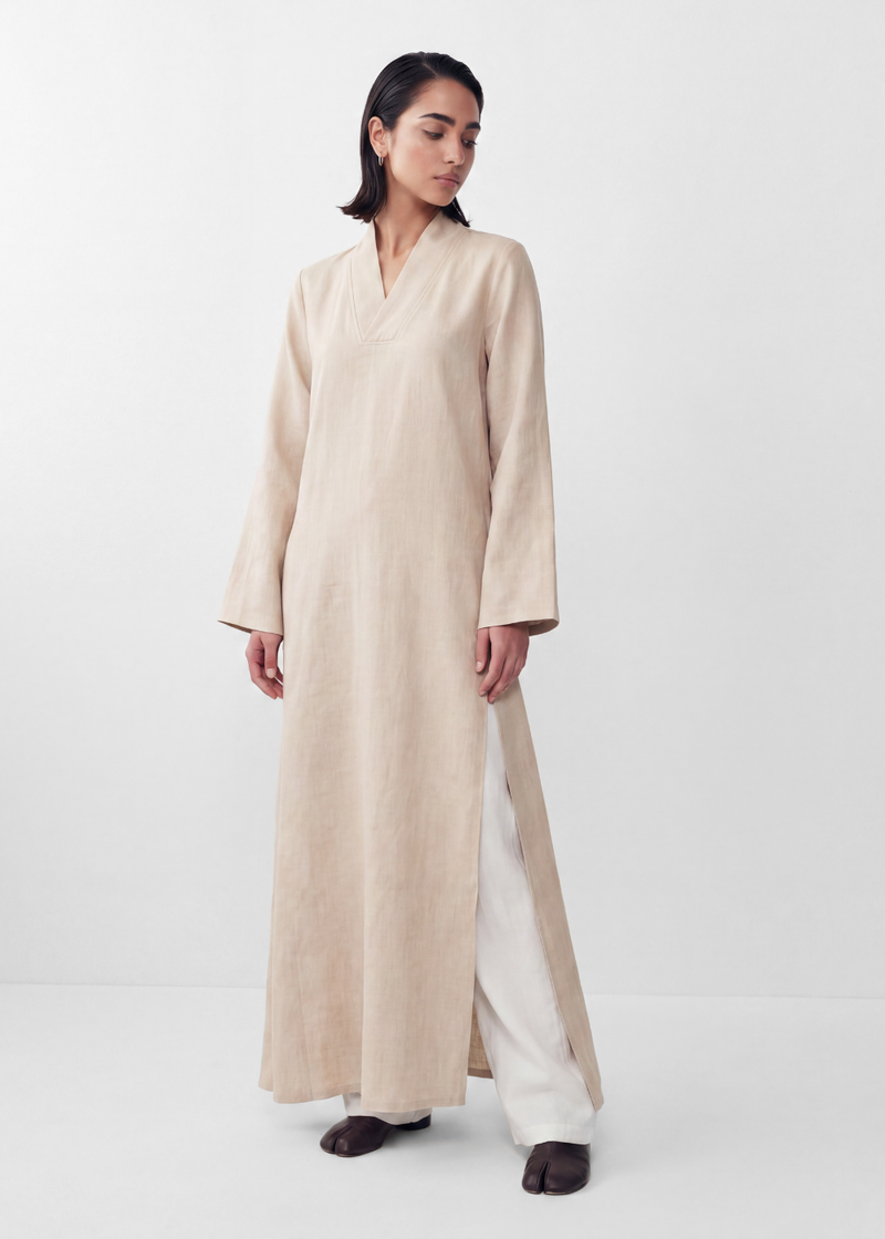 Side Slit Linen Dress - Beige