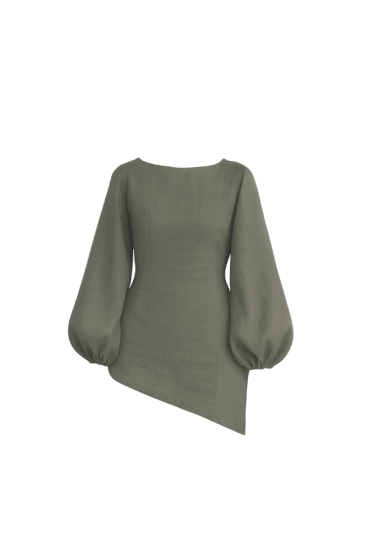Linen Blend Balloon Sleeve Top - Khaki