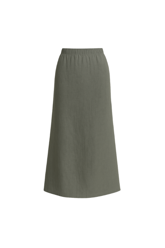 Linen Blend A-Line Maxi Skirt - Khaki