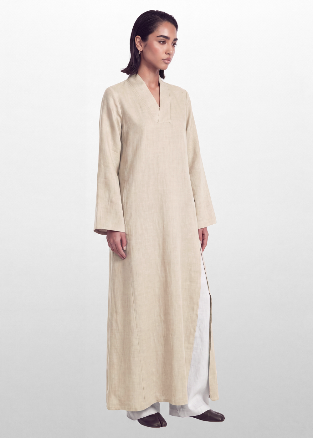 Side Slit Linen Dress - Beige