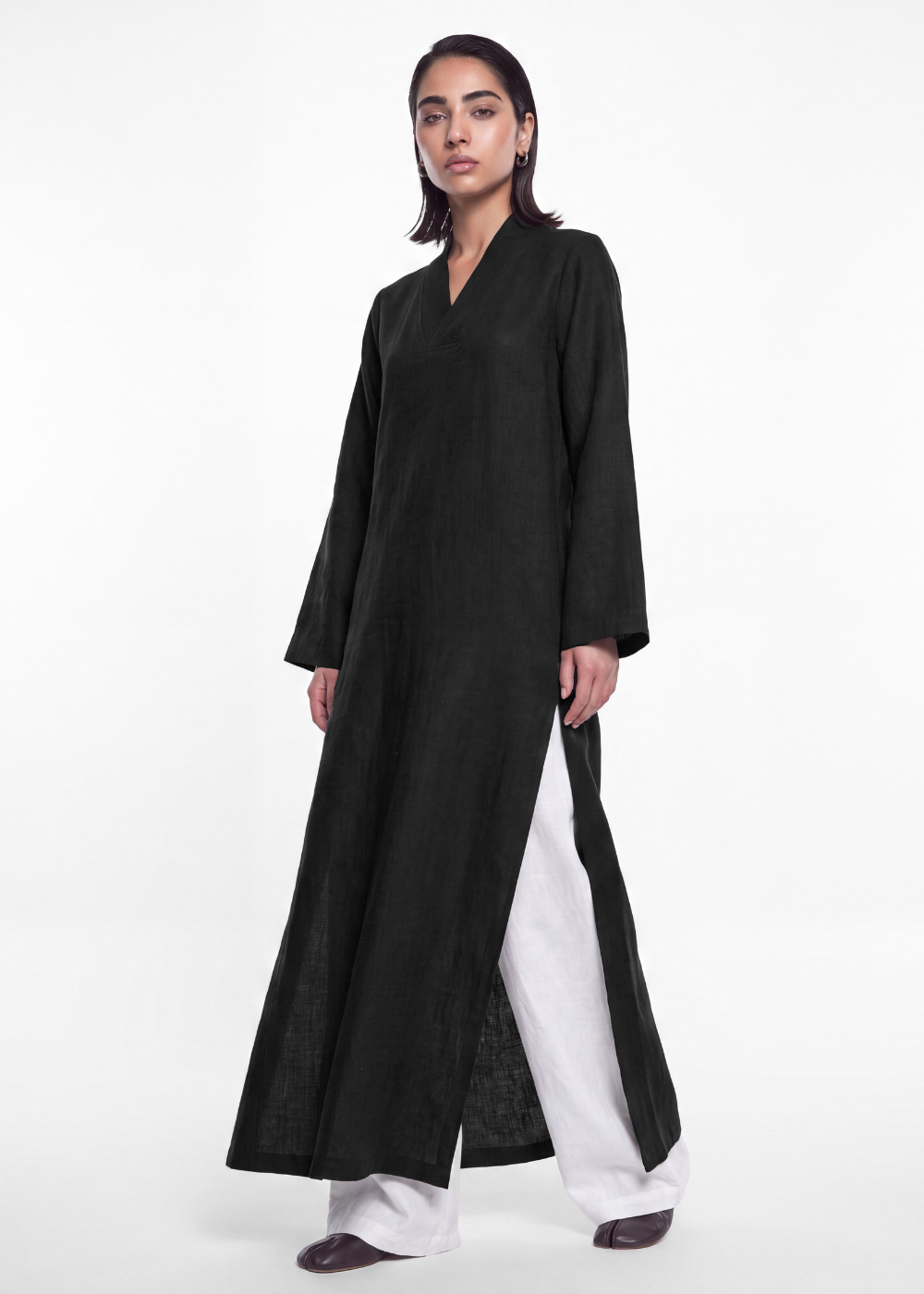 Side Slit Linen Dress - Black