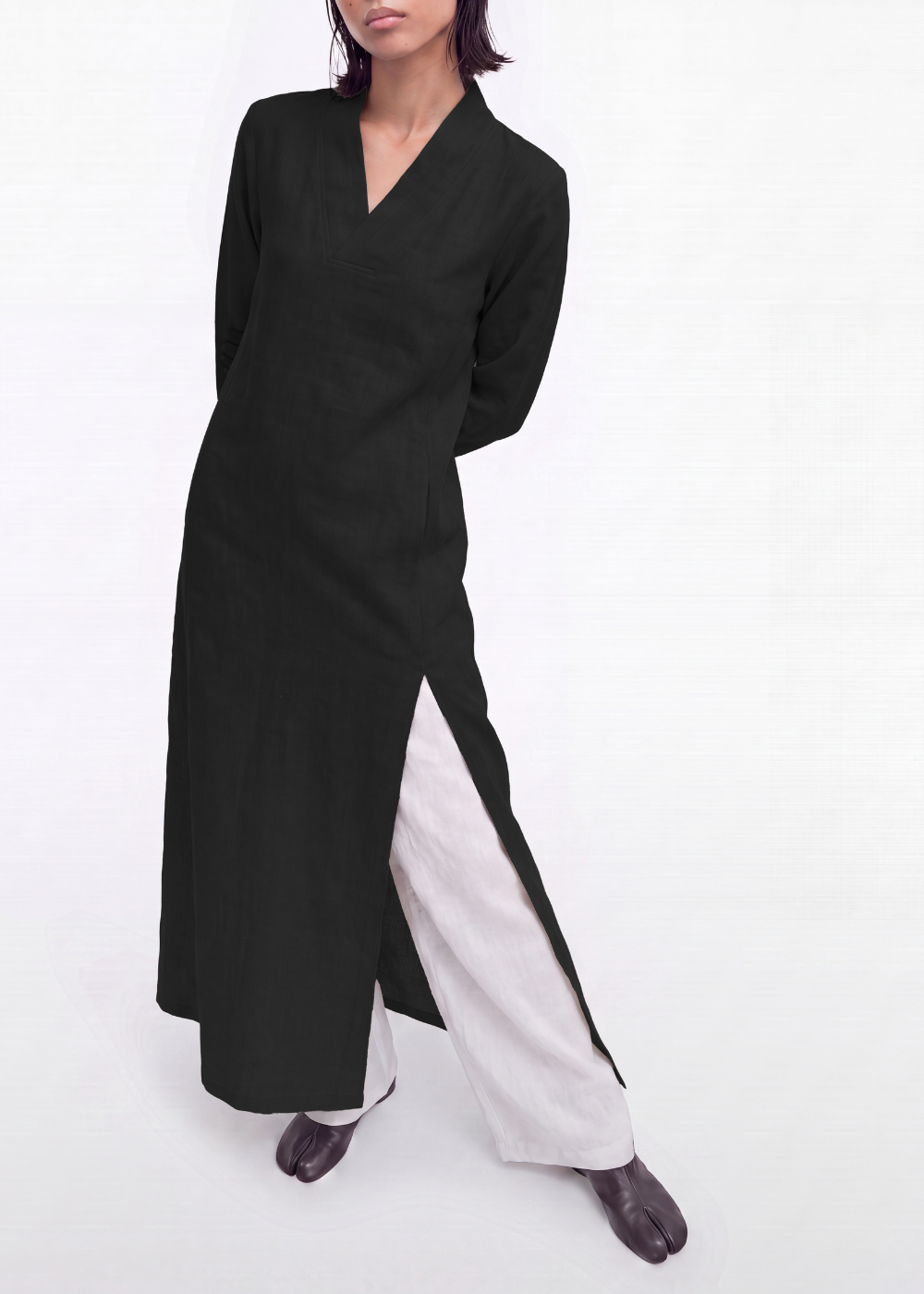 Side Slit Linen Dress - Black